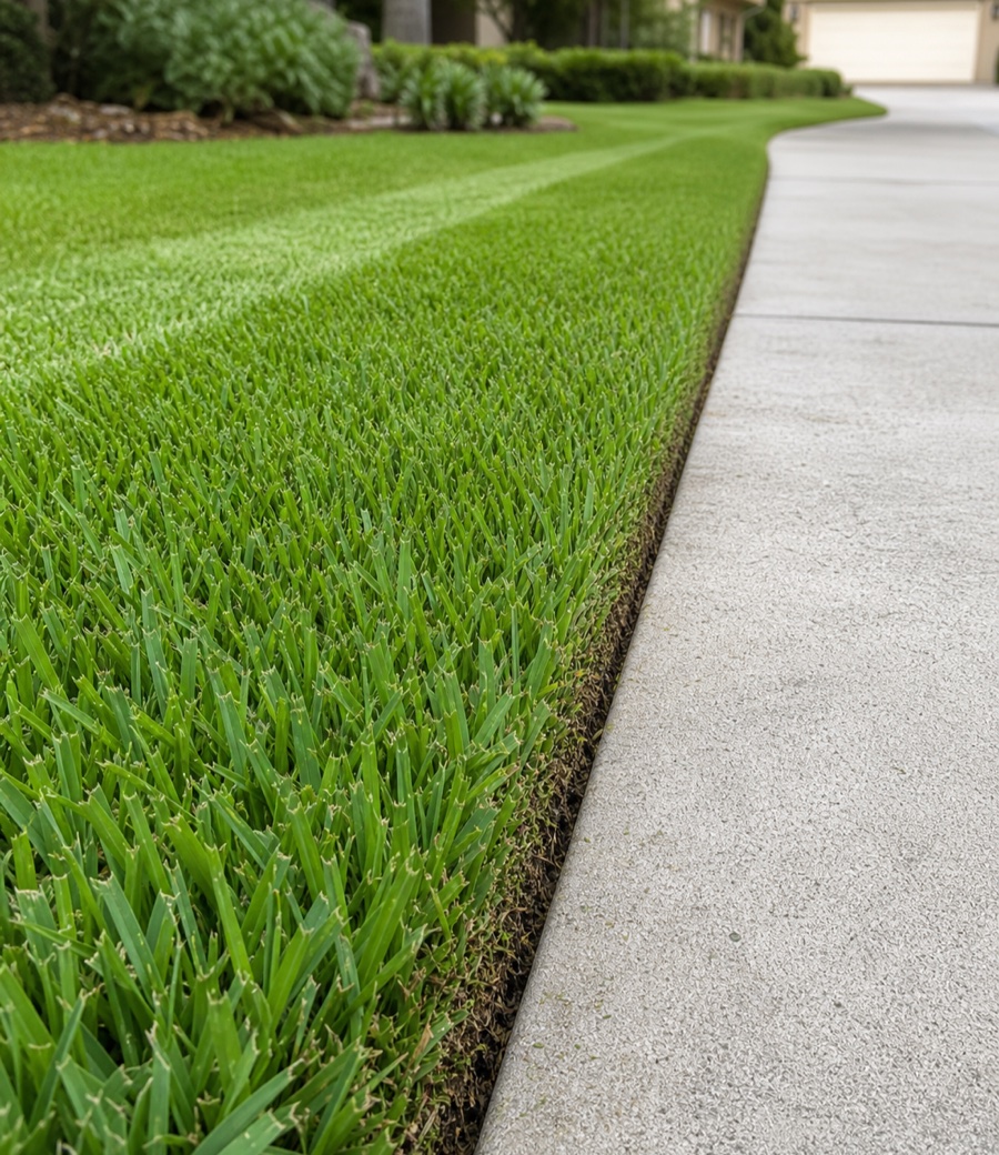 Close-up of a crisply edged lawn where the St. Augustine grass meets a concrete driveway.