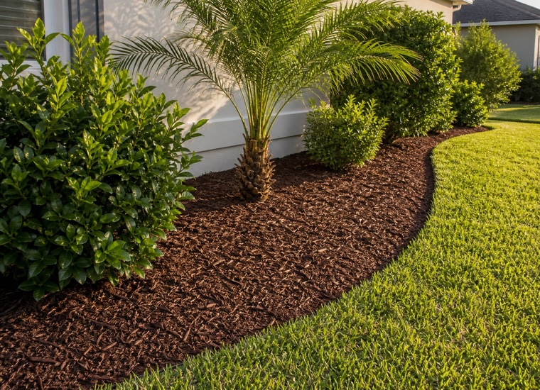 A freshly mulched planting bed with a clean cut edge against the lawn.