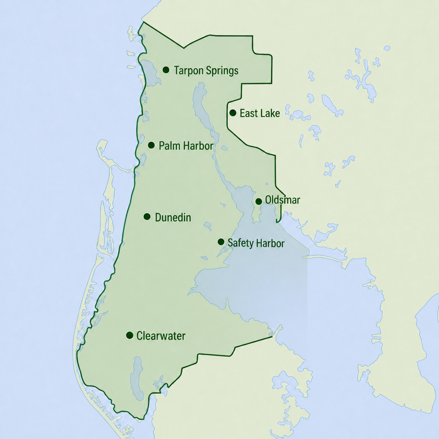 Map showing the Jack Coniam service area across North Pinellas County, Florida.