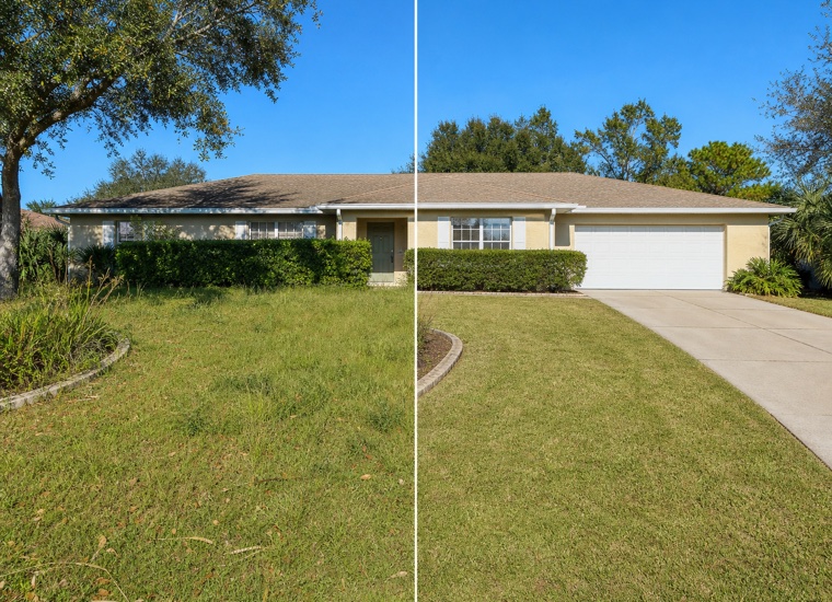The same Florida front yard before and after a full property cleanup.